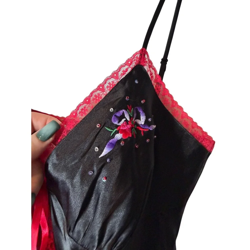 Victoria's Secret Vintage‎ Satin Babydoll Top Black Beaded Floral Medium 90s Y2K